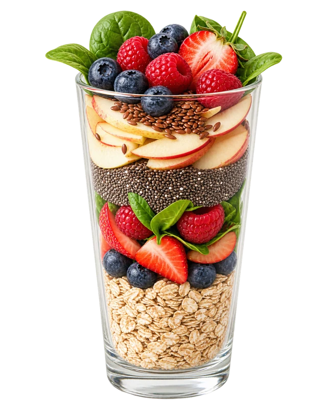 Copo cheio de aveia, sementes de chia, frutos vermelhos e maçã