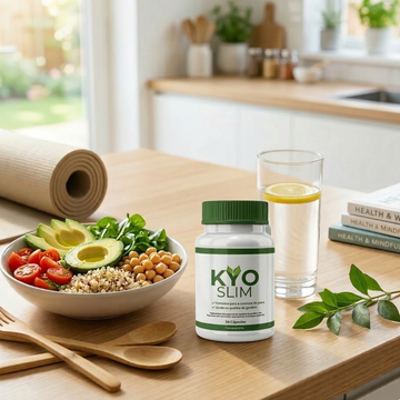 Kyo Slim suplemento natural para emagrecimento saudável, acompanhado de salada nutritiva, água com limão e tapete de yoga