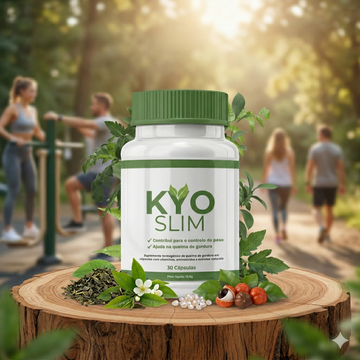 Kyoslim suplemento natural com ingredientes termogénicos rodeado de folhas de chá verde e guaraná, com pessoas a fazer exercício ao ar livre em segundo plano