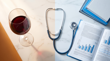 Copo de vinho tinto ao lado de estetoscópio e revista científica — representação visual do debate entre o mito do vinho saudável e a evidência científica atual