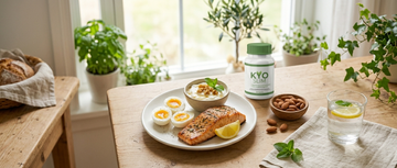 Refeição rica em proteína — salmão grelhado, ovos e iogurte grego — para controlo natural do apetite e saciedade prolongada