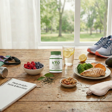 Suplemento Kyo Slim para queima de gordura com refeição saudável, frutas frescas, ténis de corrida e acessórios de fitness — suporte natural para gestão do peso