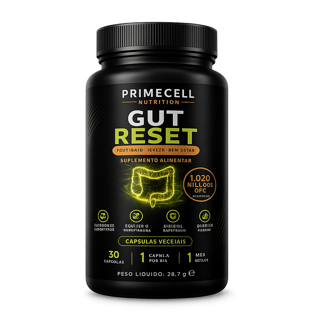 Frasco Gut Reset PrimeCell — suplemento para saúde intestinal com 1.020 mil milhões UFC e 30 cápsulas vegetais