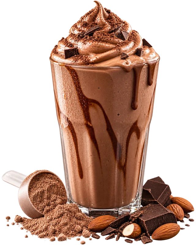 Copo com batido proteico de chocolate, scoop de proteína, chocolate e amêndoas