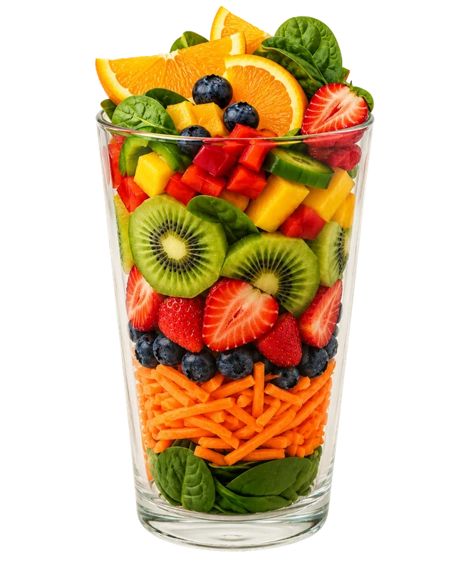 Copo cheio de frutas e legumes coloridos ricos em vitaminas